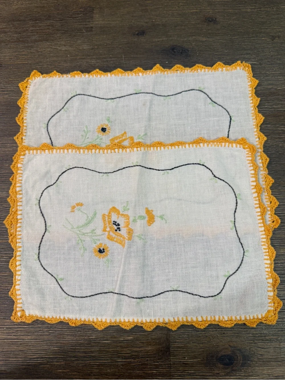 Hand-Embroidered Yellow Floral Linen Small Placemats - Set of 2